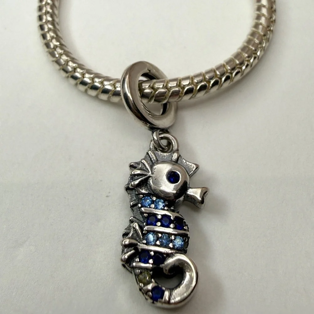 Sterling Silver Blue Seahorse Dangle Charm – S925